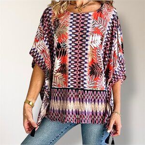 Ruby Rd M Linen Poncho Blouse Purple Orange Floral Tassel Boho Hippie Resort Top